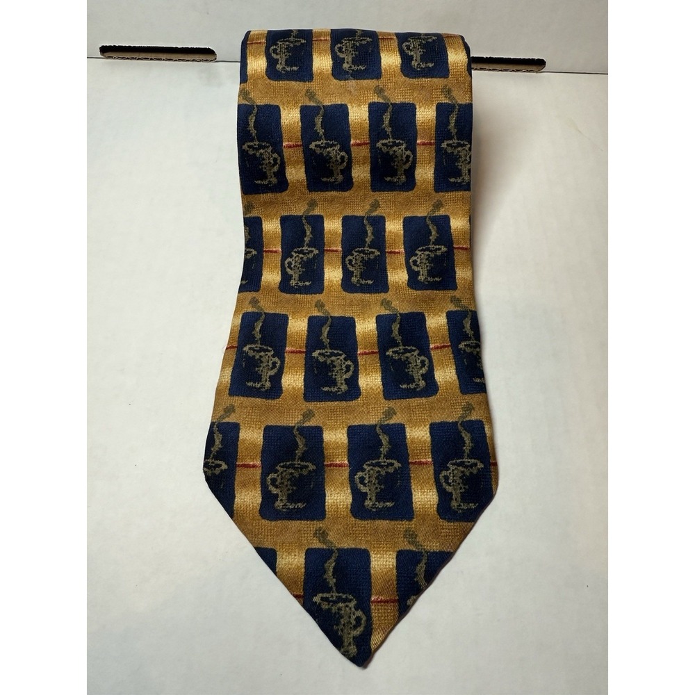 Vintage JZ Richards Nordstrom Silk Tie 62.5x4 USA Gold Navy Coffee Cup Abstract